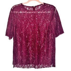 Elegant Womens Sheer Lace Blouse Burgundy Cottage Fairy Romantic Lace